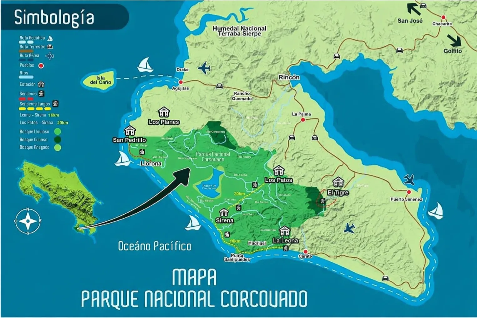 Mapa detallado de Península de Osa, Parque Nacional Corcovado y Golfo Dulce